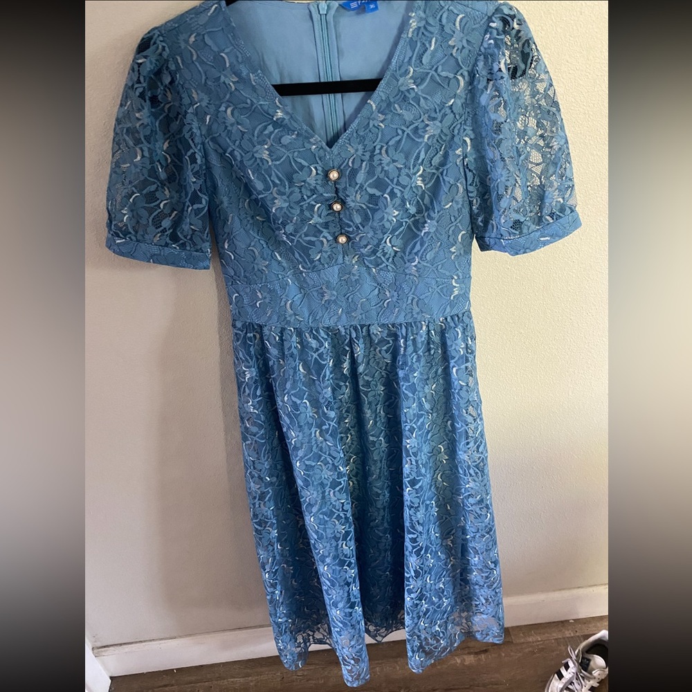 Psalter Light Blue Women's Dress with‎ Lace Trim Size 36